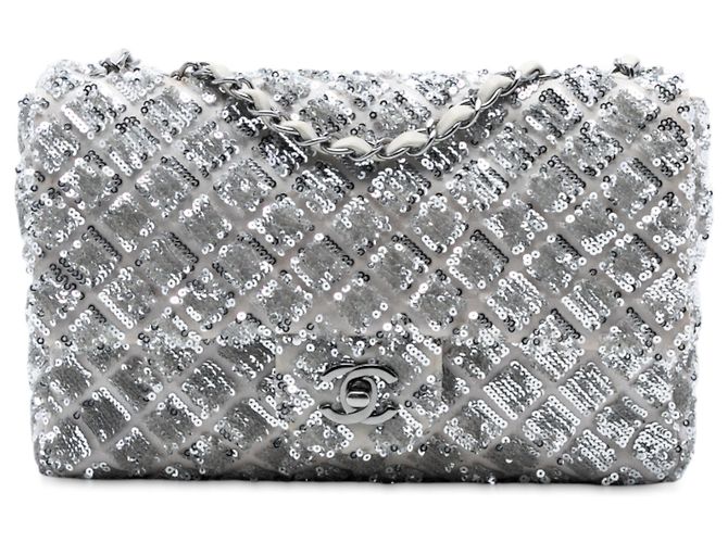 Chanel Silver Medium Classic Satin and Sequin Single Flap