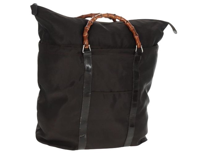 Borsa a mano in nylon marrone e argento Gucci Bamboo 002 3754 0412 Auth bs32055