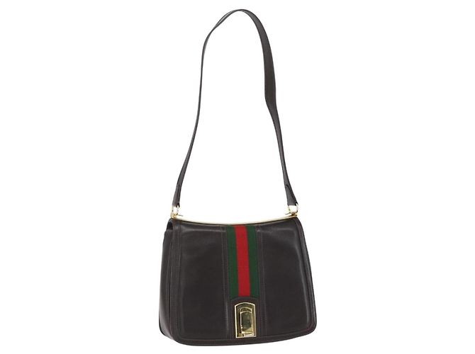 Bolsa de ombro em couro marrom e dourado da linha Sherry da GUCCI Auth ka1343
