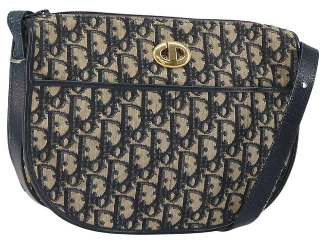 Borsa a Spalla in Tela Trotter Christian Dior Blu Navy e Oro Auth BA9247 D'oro