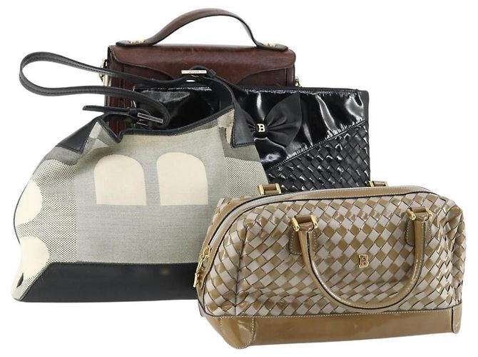 BALLY Handtasche Leder PVC Canvas 4 Set Beige Schwarz Braun Auth bs32143