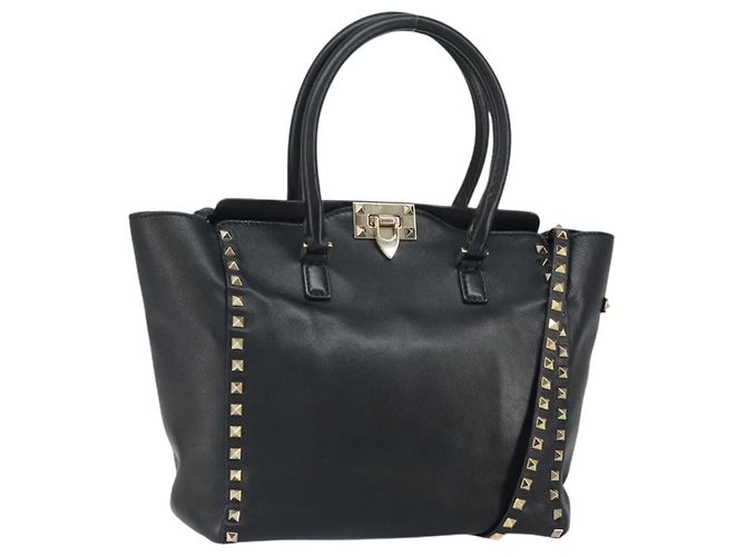 VALENTINO Borsa Rock studs in pelle 2 in 1 Nera Oro Auth BA9420 Nero D'oro
