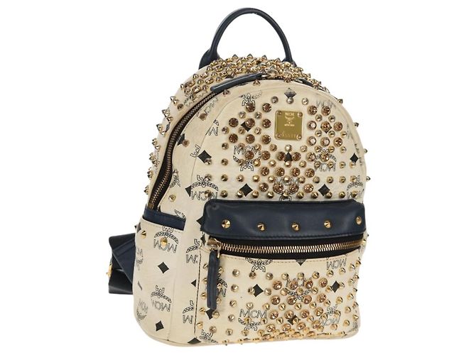 MCM Vicetos Mochila Logograma de PVC Cuero Blanco Oro Auth 158824 Dorado