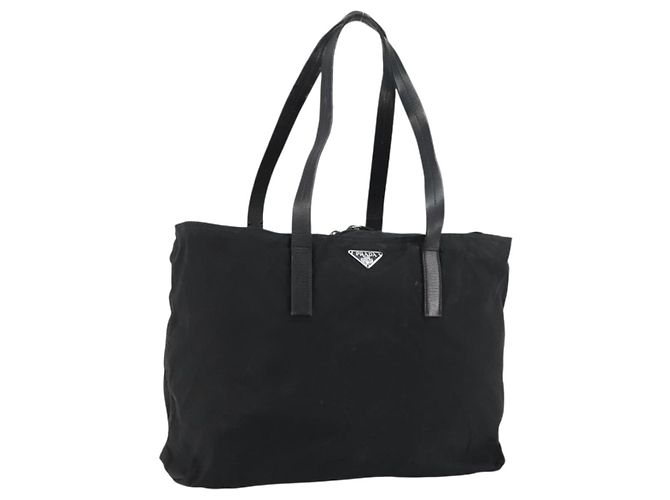 Prada Tote Bag aus schwarzem Nylon mit silberner Authentizität bs32076