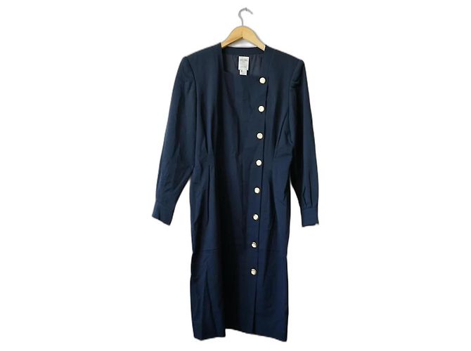 Vestido de lã marinho com ombreiras Céline Azul marinho