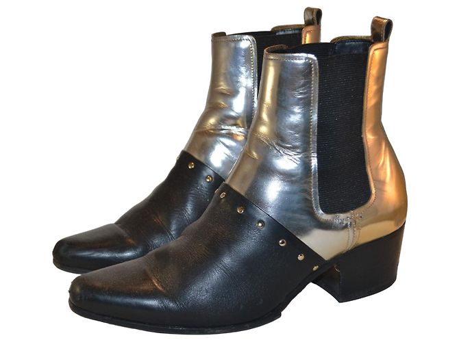 Bottines Balmain en cuir noir et argent Taille 37 Argenté