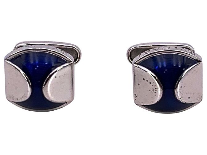 Abotoaduras de prata esterlina 925 com esmalte azul Bulgari e bolsa