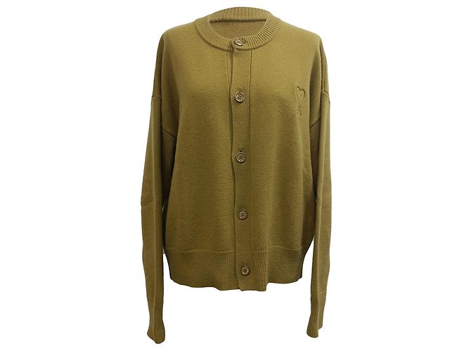 AMI de Coeur Rundhals-Cardigan aus grüner Wolle Khaki
