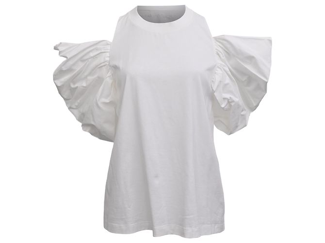 Camiseta de algodão branco com babados assimétricos Alexander McQueen Cru