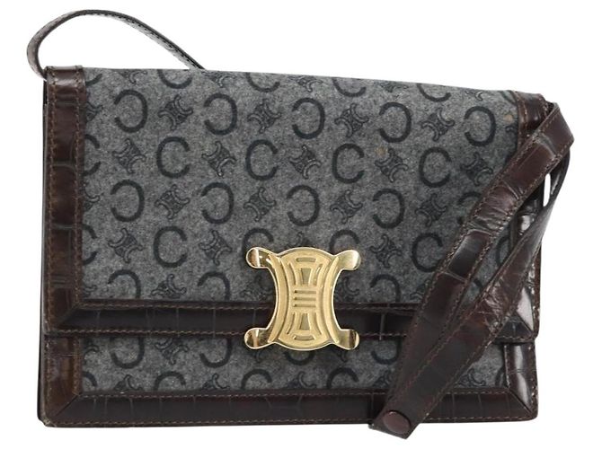 Céline Bolsa de Ombro em Lona Macadam C da CELINE Cinza Dourado Auth 157930 Marrom