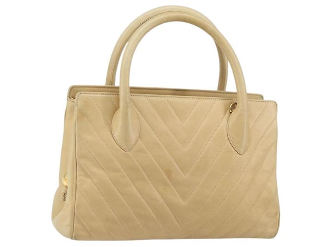CHANEL Borsa a Mano V Stitch Pelle Beige Oro CC Auth BA9348 D'oro