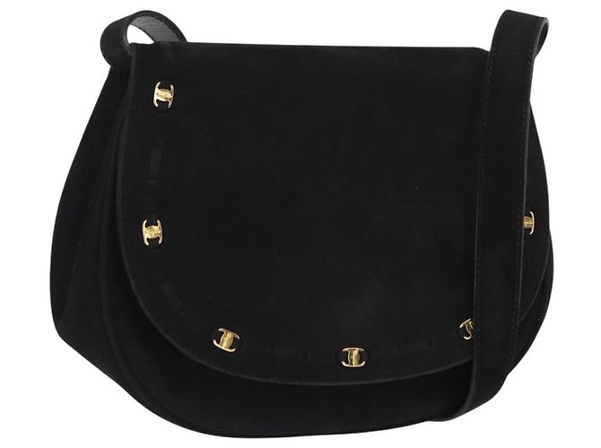 Salvatore Ferragamo Vala Shoulder Bag Suede Black Gold Auth BA9286 Golden