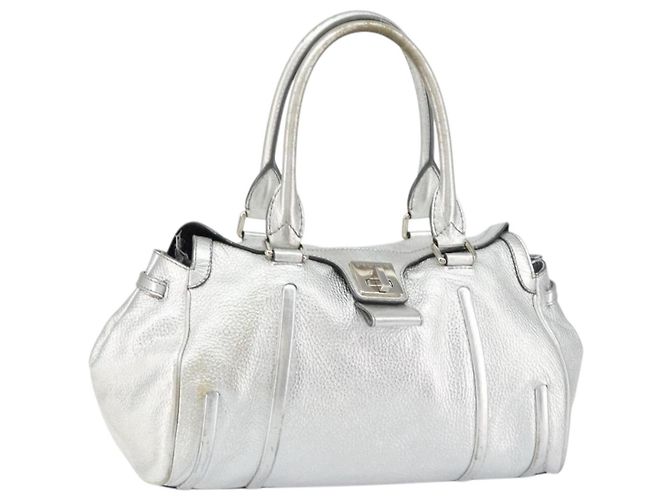 Céline Bolsa de mão de couro prata Auth 157912
