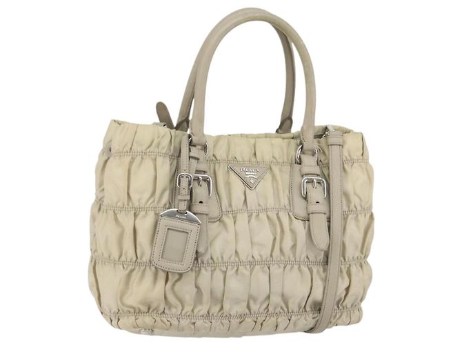 PRADA Bolso de Mano Nylon 2way Beige Plata Auth ka1368