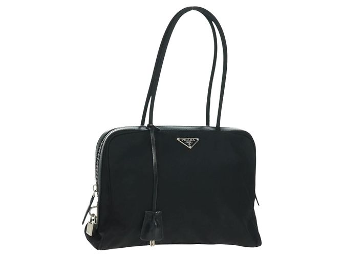 PRADA Sac à main en nylon cuir noir argent Auth ep12566 Argenté