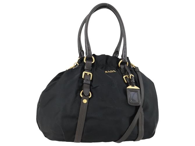 PRADA Bolsa de mão em nylon couro 2 em 1 preto ouro Auth 156149 Dourado