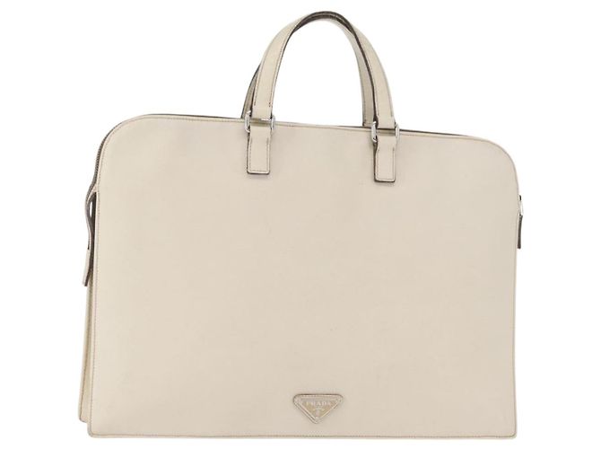 Saffiano PRADA Bolsa de Mão em Couro Safiano Branco Prata Auth 159983