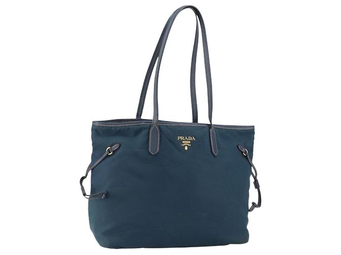 Bolsa Tote Prada em nylon azul marinho e dourado Auth ka1232