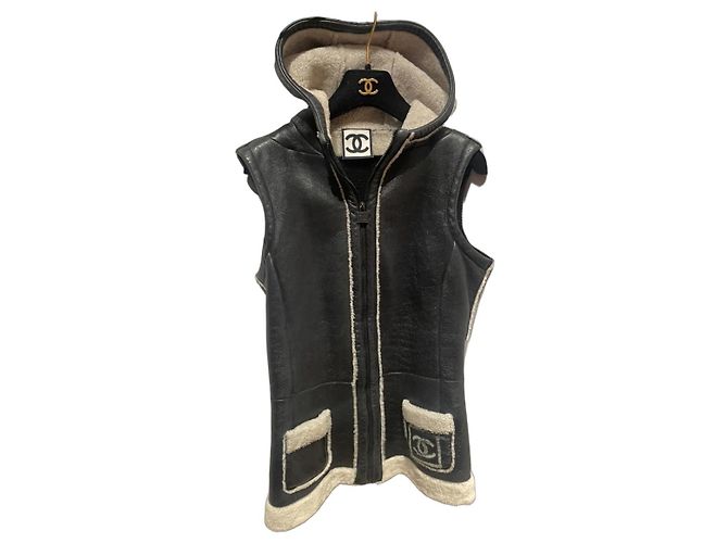 Chanel sleeveless leather and wool jacket dark brown