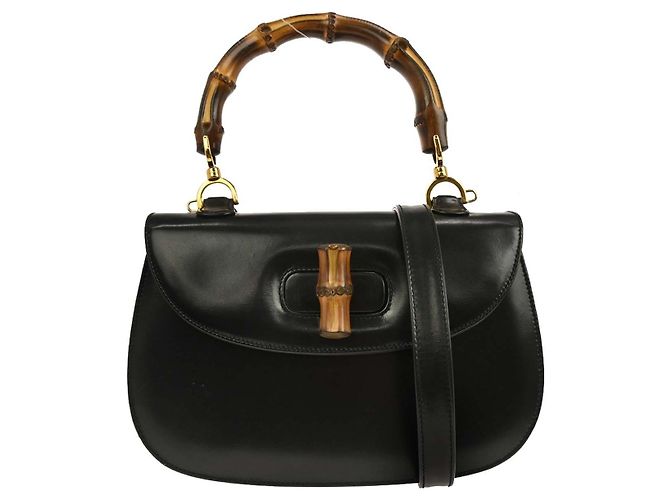 Gucci Vintage Convertible Bamboo Top Handle Leather Medium Nero