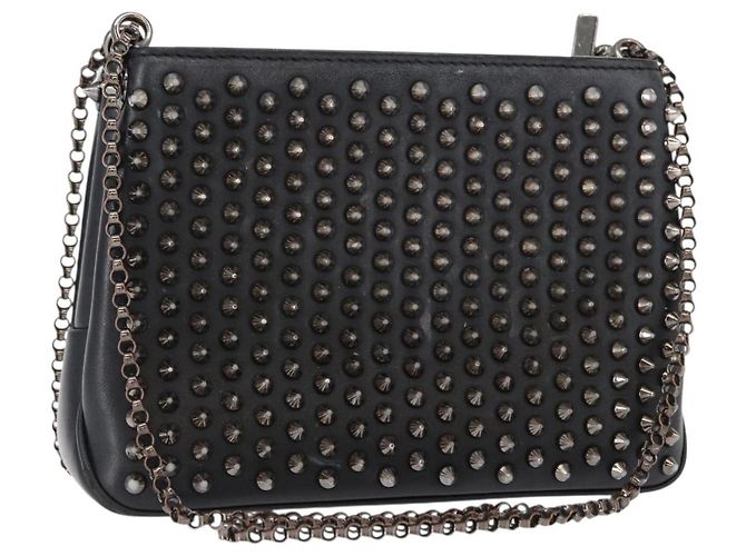 Borsa a spalla in pelle nera con borchie e catena Christian Louboutin Auth gh1489 Nero Argento