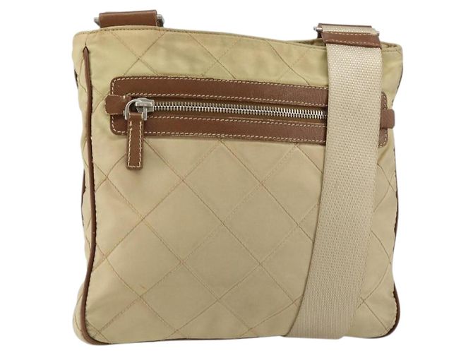 PRADA Bolsa de Hombro Acolchada de Nylon Beige Plata Auth 159966