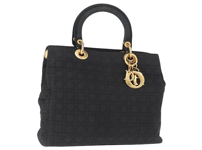 Christian Dior Borsa Lady Dior Canage in nylon nero e oro Auth bs32111 D'oro