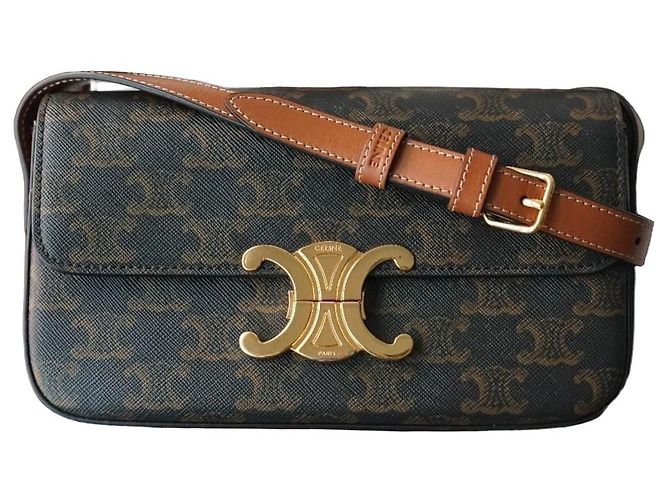 Céline Bolsa Celine Triomphe em lona impressa e couro de bezerro camelo Marrom