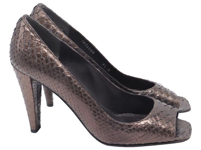 Stuart Weitzman Snakeskin Peep-Toe Pumps  in Brown Leather
