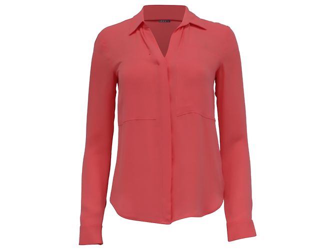 Theory Button Down Blouse in Orange Silk Coral