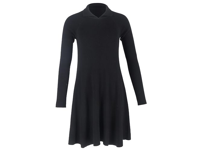 Khaite Knitted Collared Mini Dress in Black Wool