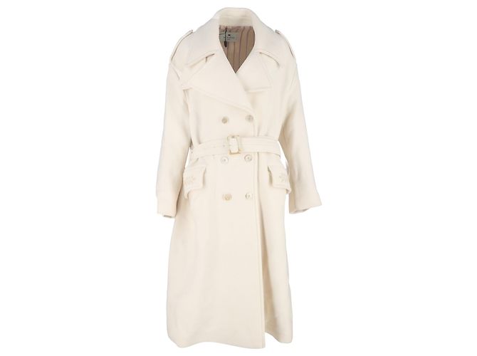 Casaco oversized de botão duplo com cinto e bolsos em lã branca Etro Branco Cru