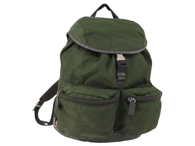 PRADA Backpack Nylon Khaki Silver Auth 156120 Silvery