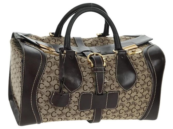 Céline Bolsa Boston Celine C Sulky em lona marrom e dourado Auth bs32098