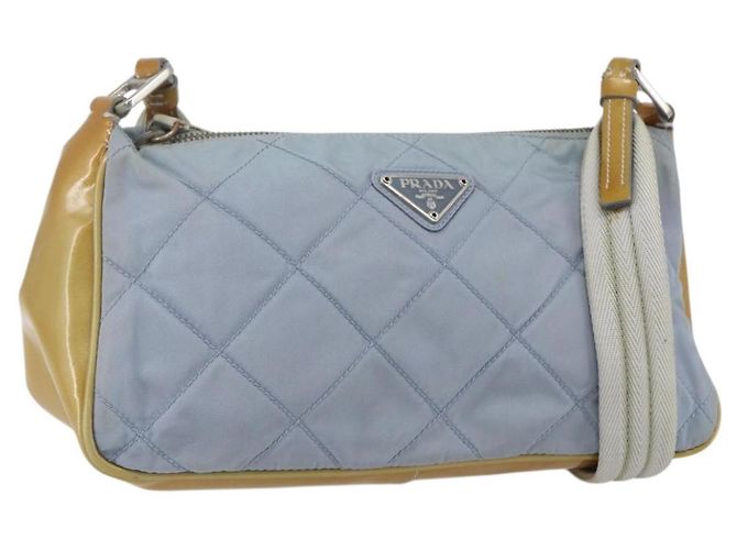 PRADA Schultertasche Nylon Emaille Hellblau Silber Authentisch 160526