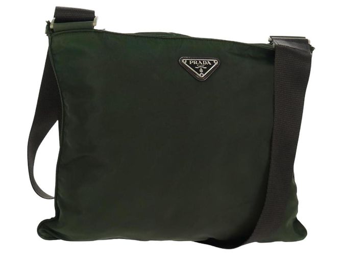 PRADA Schultertasche Nylon Khaki Silber Authentisch bs31875