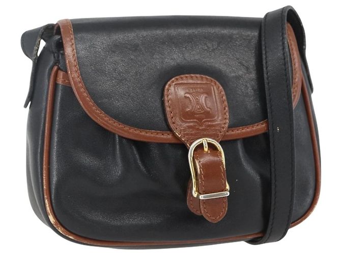 Céline Bolsa de Ombro de Couro Preta e Dourada Auth BA9422 Preto Dourado