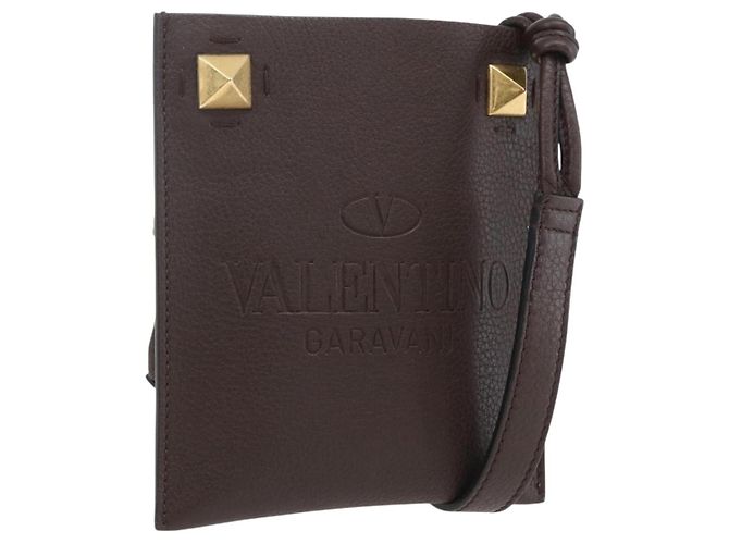 Valentino Bolsa de Ombro de Couro Marrom Dourado Auth BA9280V