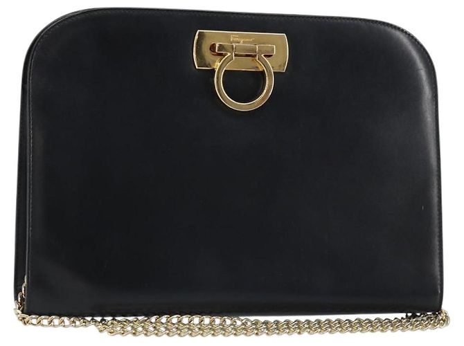 Borsa a spalla Gancini in pelle nera e oro Salvatore Ferragamo Auth 159235 Nero D'oro