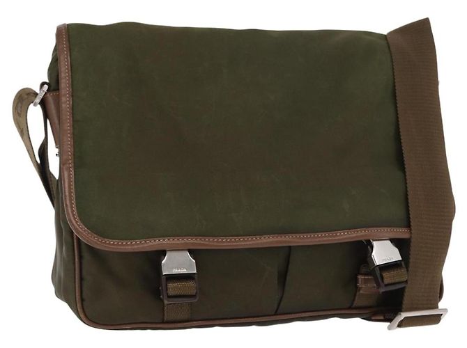 PRADA Schultertasche Nylon Khaki Silber Authentisch bs31899
