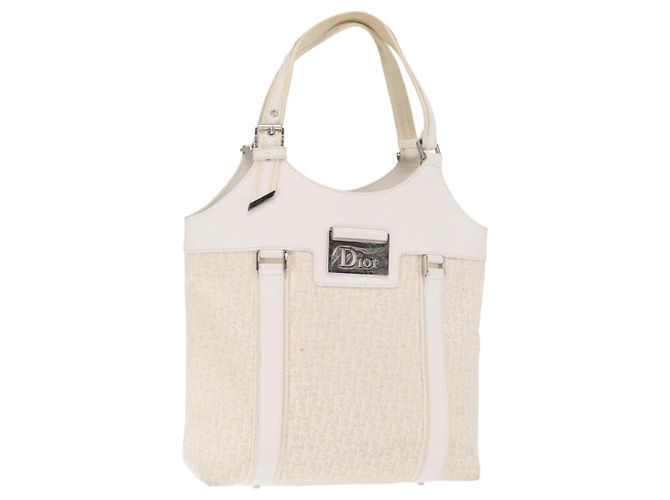 Christian Dior Trotter Canvas Tote Bag Weiß Silber Auth 160046