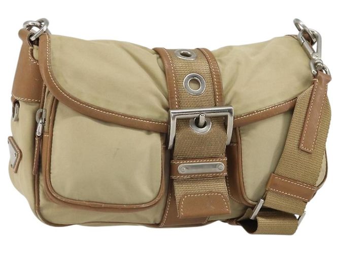 PRADA Shoulder Bag Nylon Beige Silver Auth ka1242 Silvery