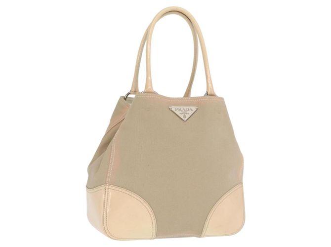 PRADA Tote Bag Canvas Leather Beige Silver Auth 160268 Silvery