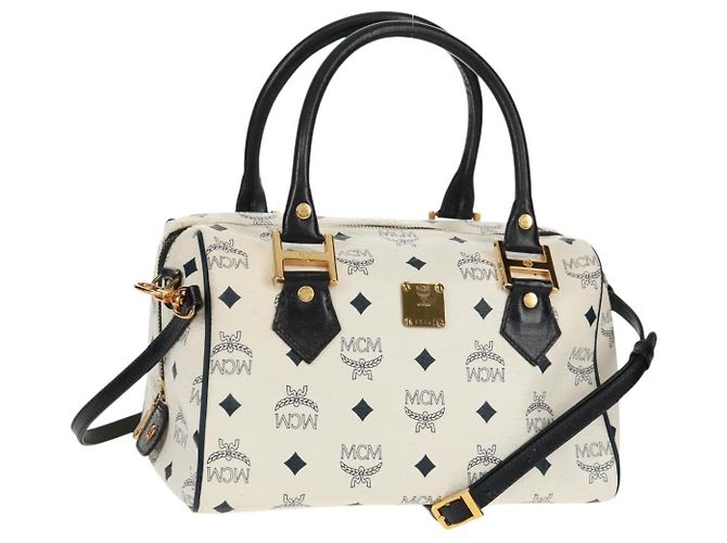 Bolsa Boston MCM Logogram Vicetos em couro PVC 2 em 1 branco e dourado Auth 159053
