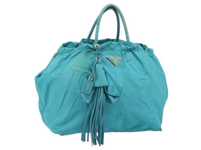 PRADA Hand Bag Nylon Light Blue Gold Auth ka1374 Golden