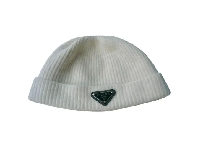 PRADA Ecru cashmere wool beanie with logo plaque BE XL 48 cm