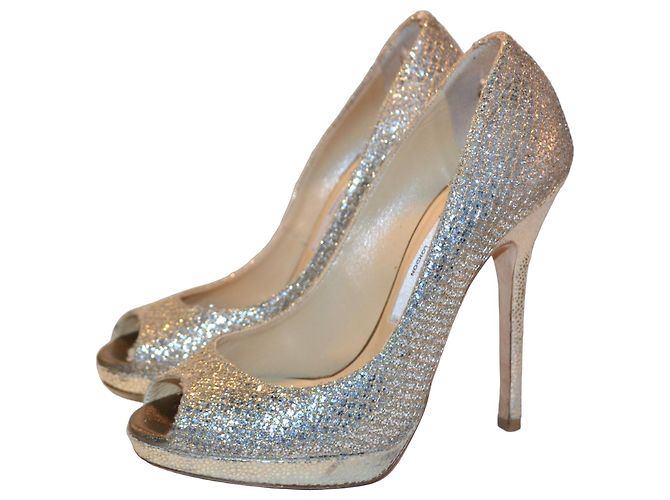 Jimmy Choo Moon Glitzer Sandalen Offen Silber Leder 35,5 IT