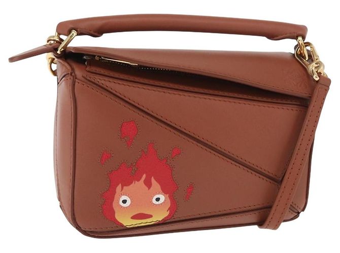 LOEWE Mini Puzzle Bolsa Loewe x Studio Ghibli Calcifer 2way Marrom Auth am10317SM Dourado