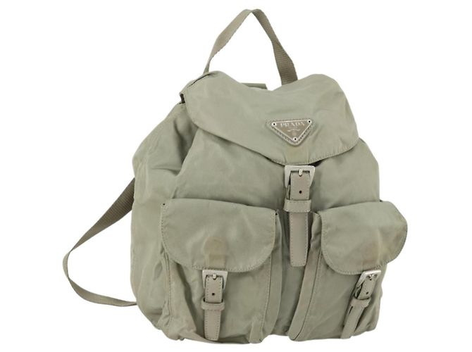 PRADA Backpack Nylon Beige Silver Auth 156861 Silvery