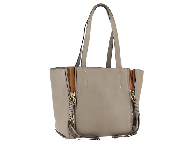 Chloé Bolsa Tote de Couro Bege Dourado Auth am10289